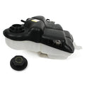 Black engine coolant reservoir tank with threaded cap and mounting tabs