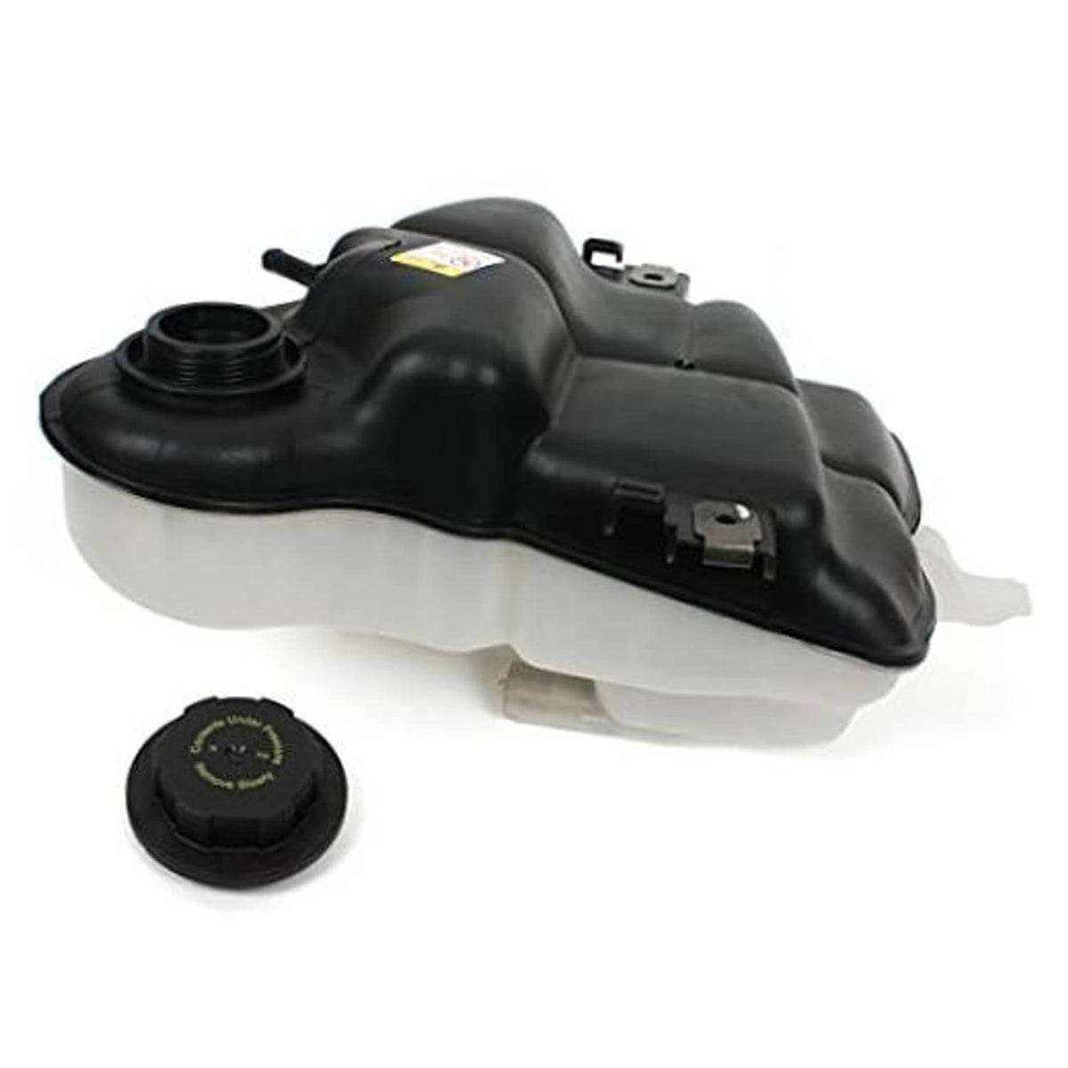 Black engine coolant reservoir tank with threaded cap and mounting tabs