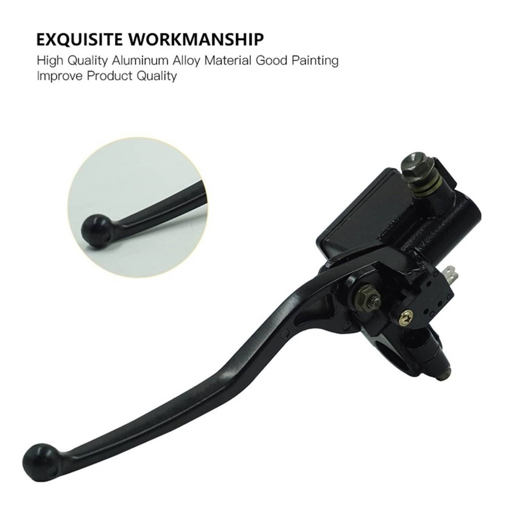 Black brake master cylinder lever with metal clamp mount and reservoir cap