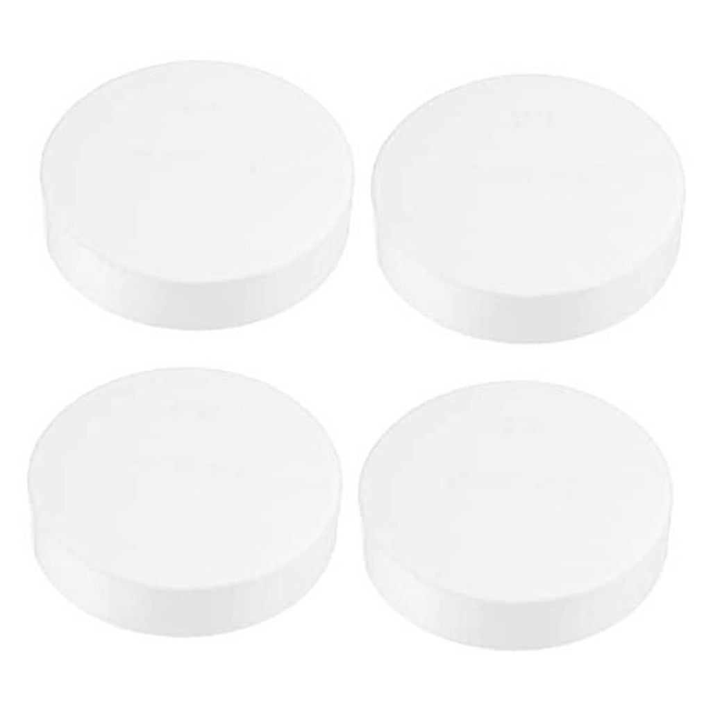 Set of four white PVC pipe end caps, smooth round plugs for sealing pipe openings