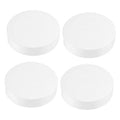 Set of four white PVC pipe end caps, smooth round plugs for sealing pipe openings