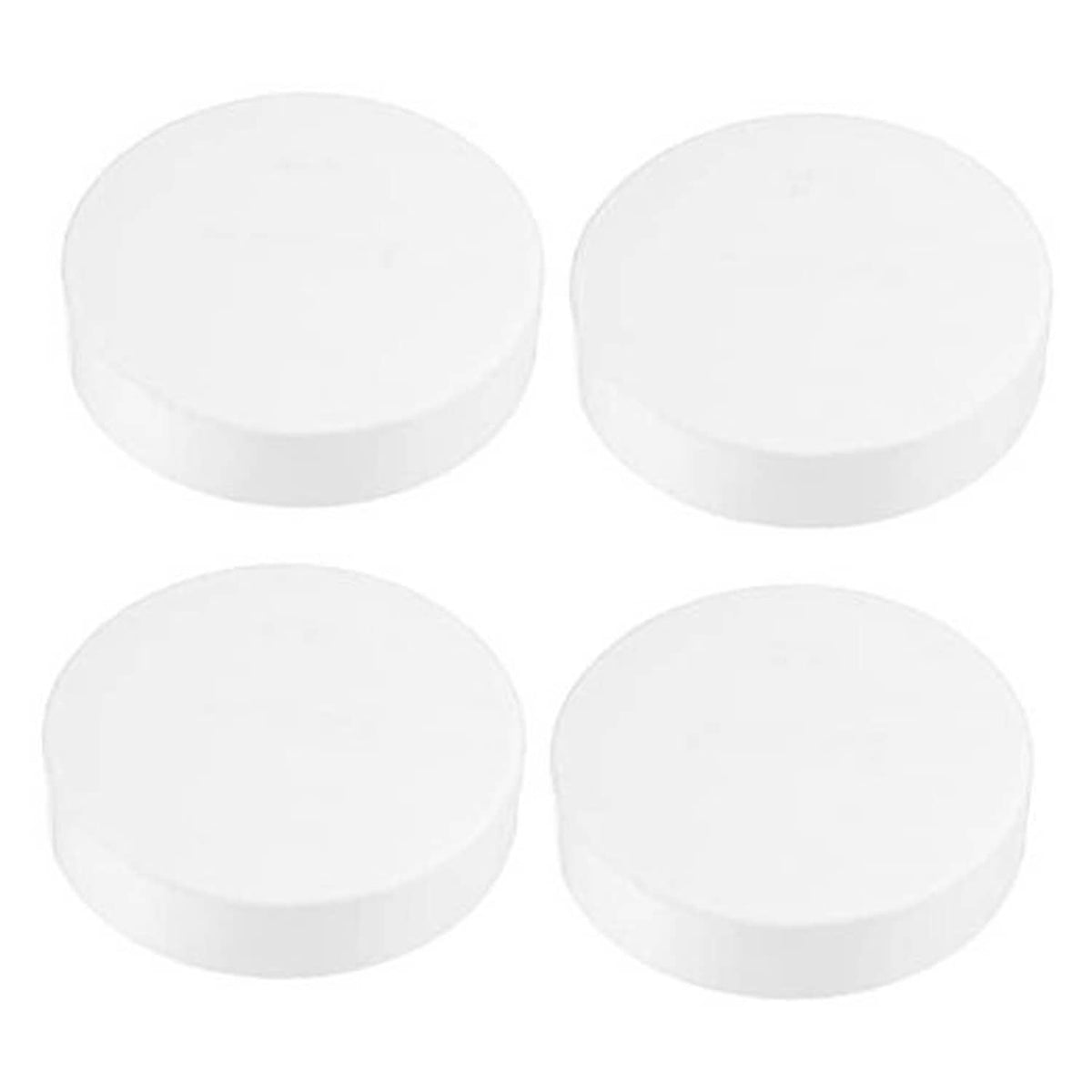 Set of four white PVC pipe end caps, smooth round plugs for sealing pipe openings