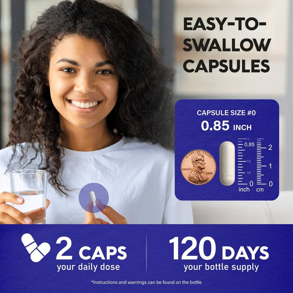 L-theanine supplement bottle shown beside easy-to-swallow capsule size chart