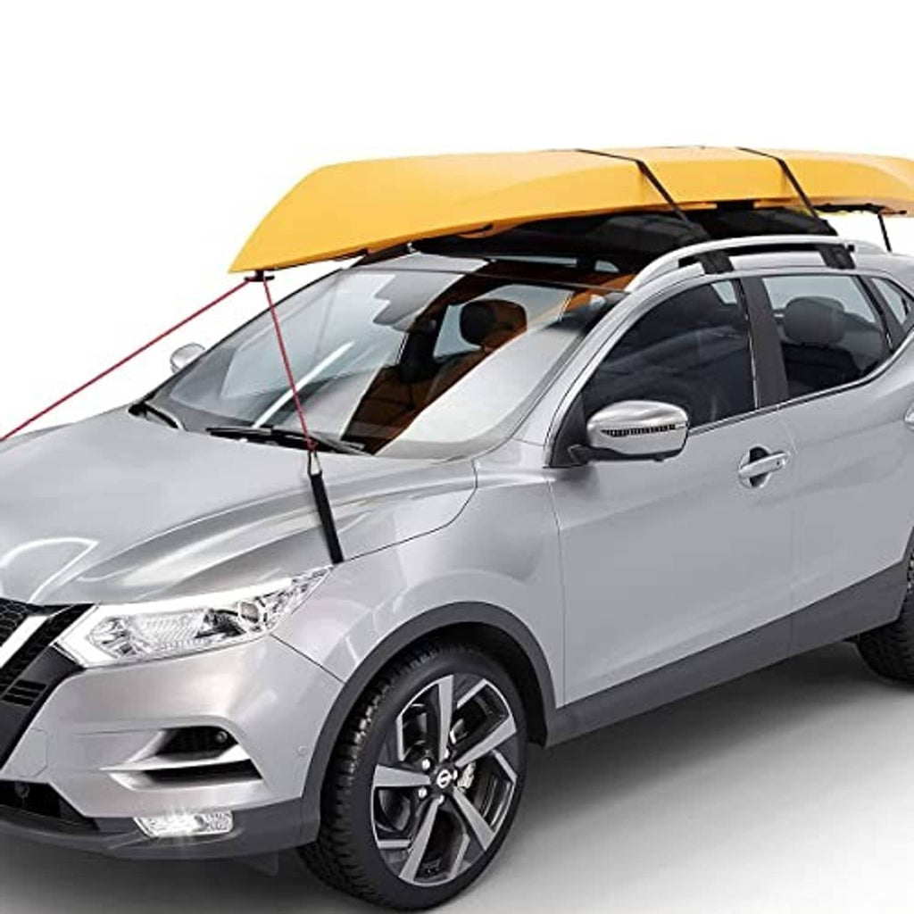 Yellow kayak secured to car with black roof rack pads and tie-down straps