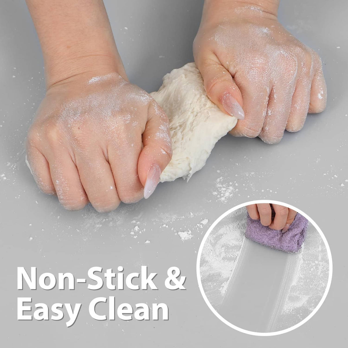 Gray nonstick silicone baking mat with dough handling and flour on surface