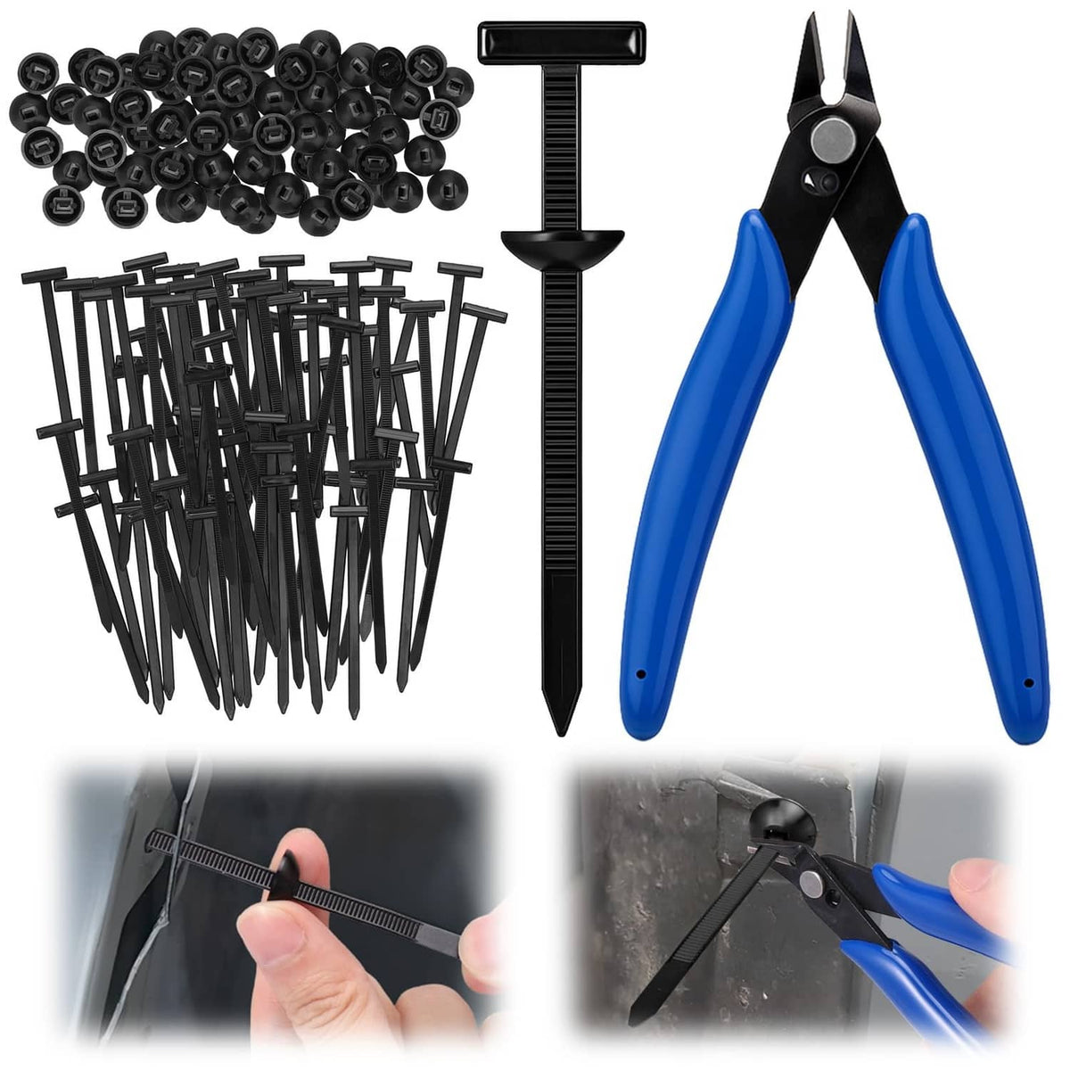 Black nylon cable tie set with one-way buckle heads, wire, and blue wire cutters