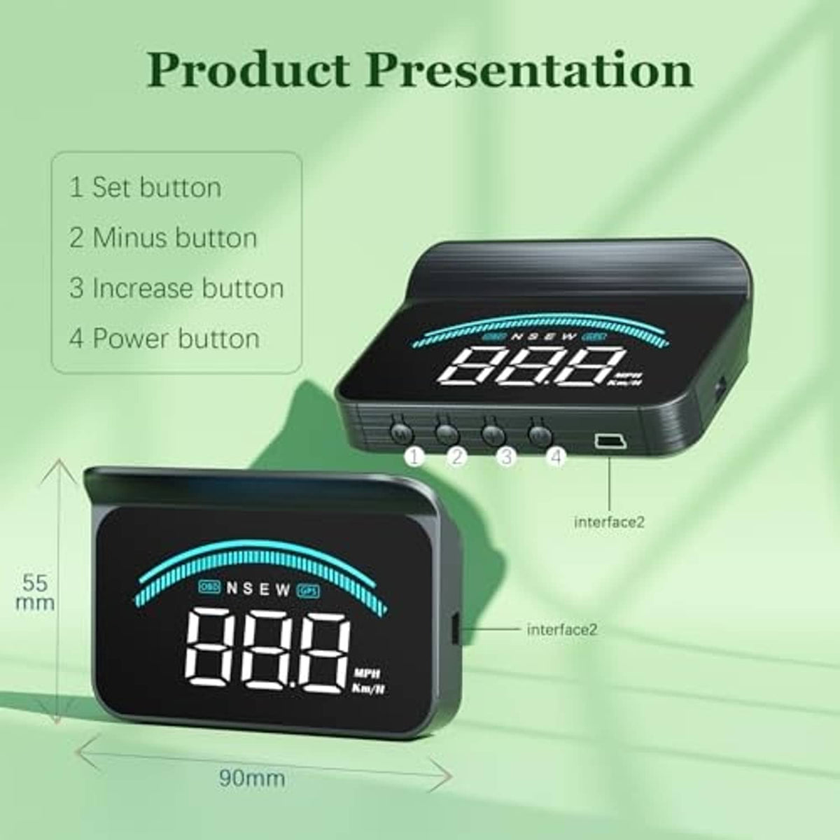 Compact black car heads-up display with blue gauge, four front buttons, and side port