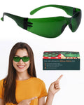 Green frameless red light therapy glasses with wraparound lenses and side arms