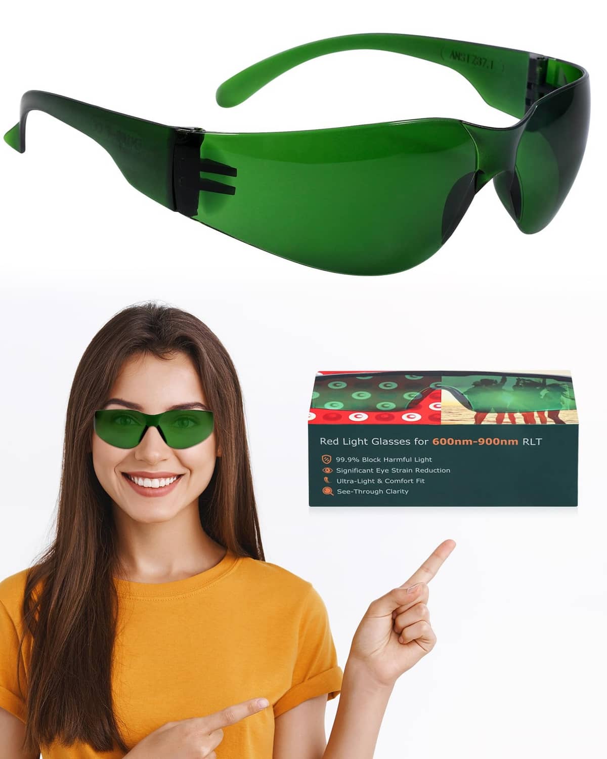 Green frameless red light therapy glasses with wraparound lenses and side arms