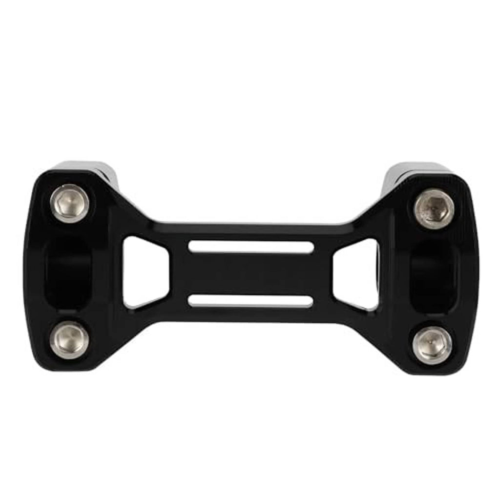 Black handlebar riser mount with silver bolts, front view