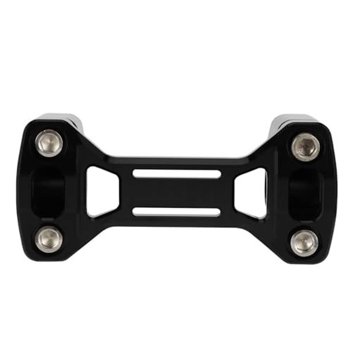 Black handlebar riser mount with silver bolts, front view