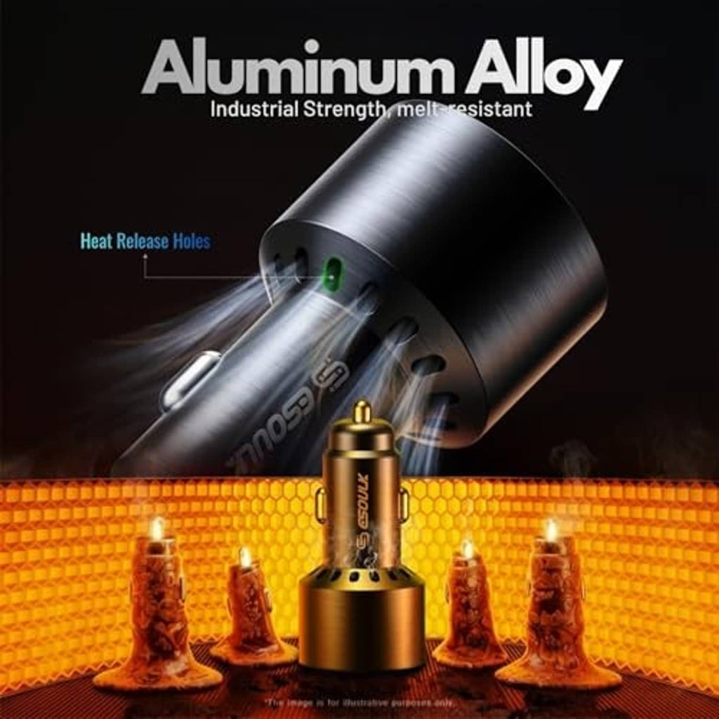 Black aluminum alloy USB-C car charger with green LED ring and vented body