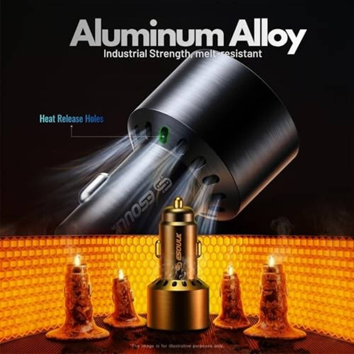 Black aluminum alloy USB-C car charger with green LED ring and vented body