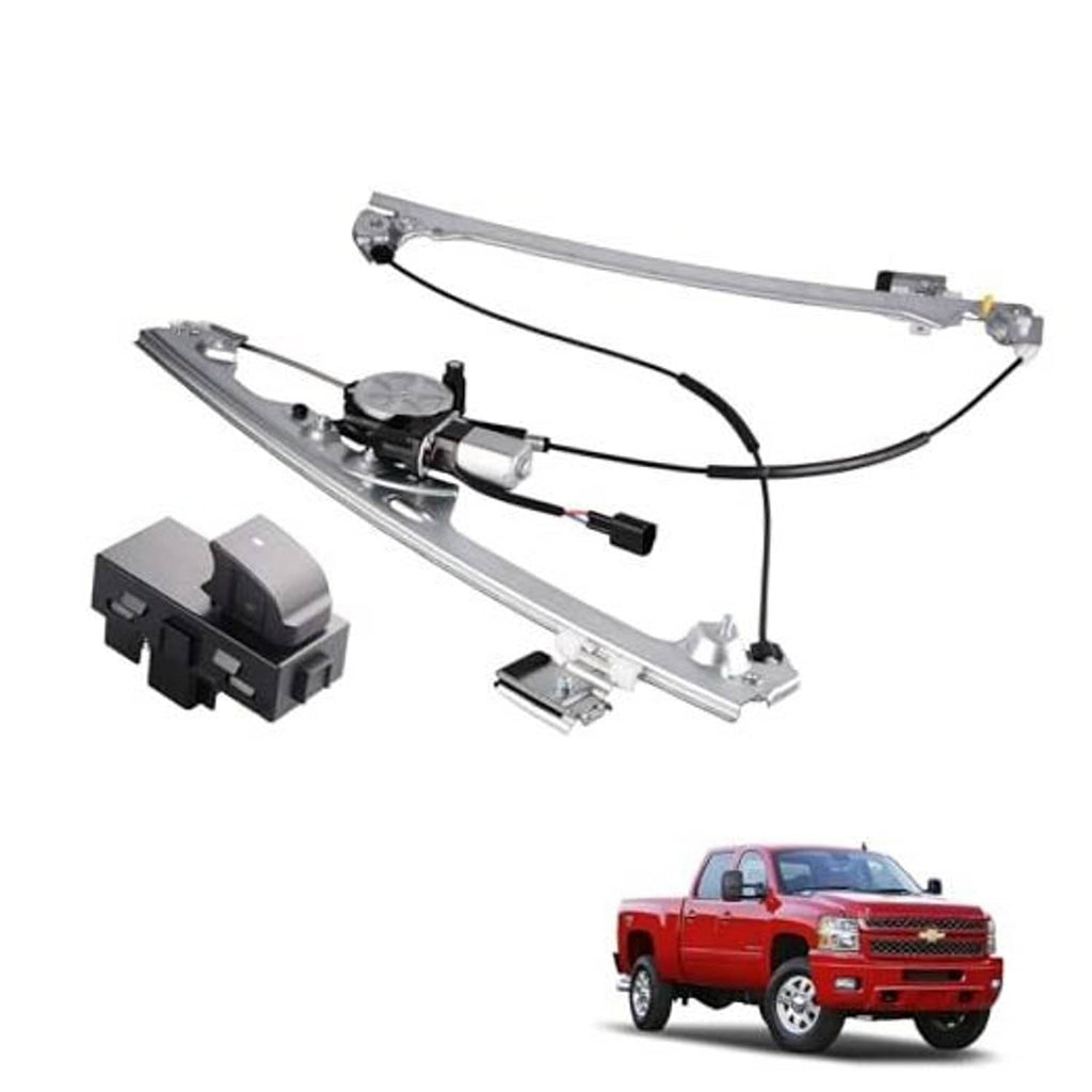 Power window regulator with motor and wiring harness, including passenger-side switch