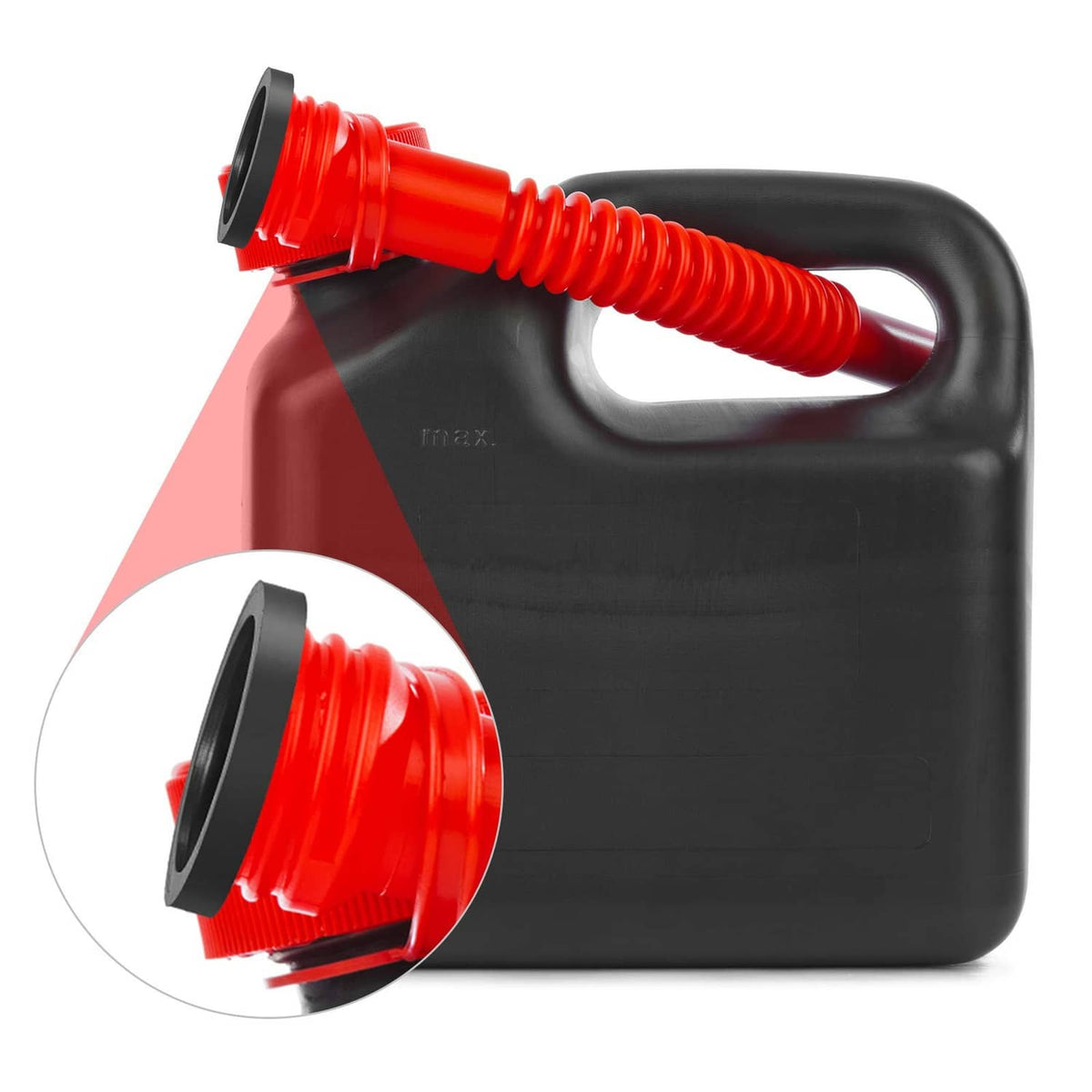 Rubber gas can spout gasket ring near a red gas can spout and hose