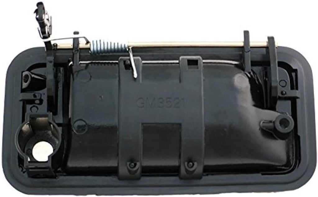 Front left exterior door handle, underside with mounting tabs and latch hardware
