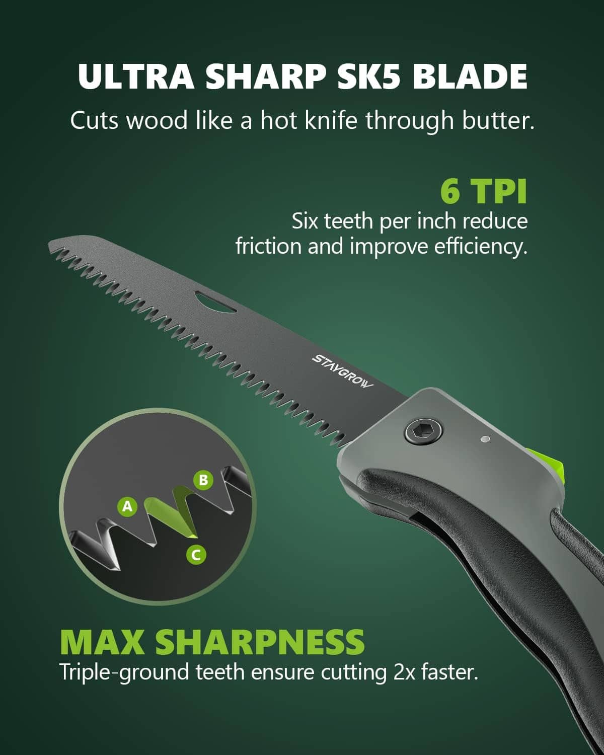 Folding pruning saw with serrated blade and gray handle with green accents