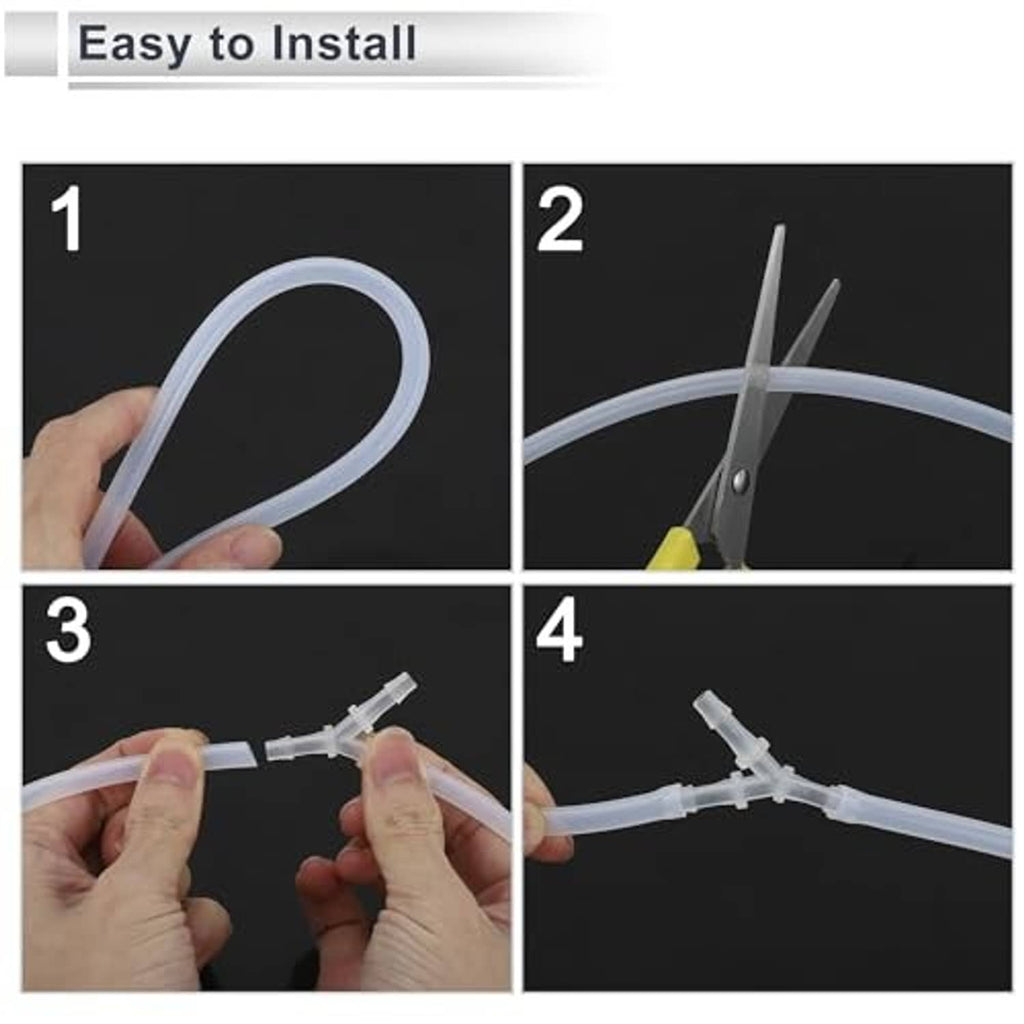 Hands installing a clear plastic hose barb adapter onto flexible tubing
