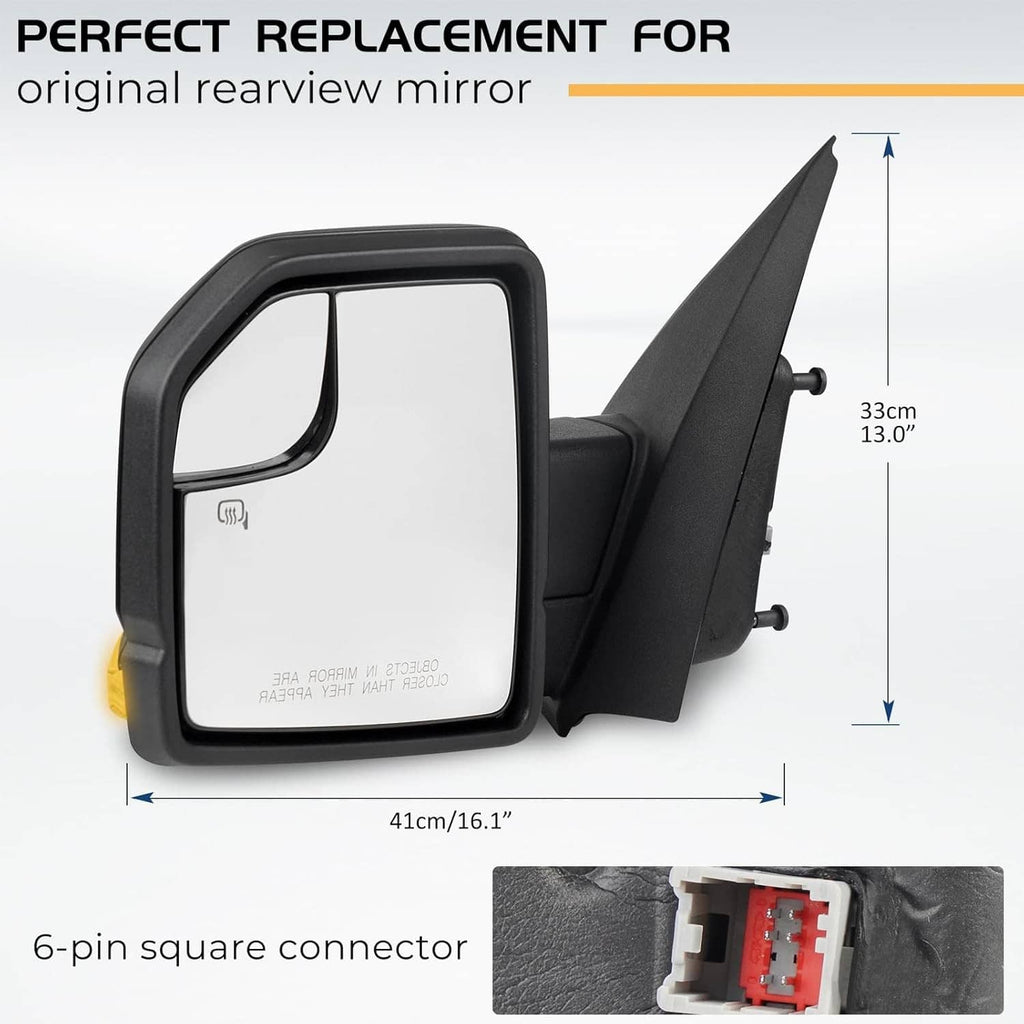 Passenger side rearview mirror with heated glass, black housing, and 6-pin connector