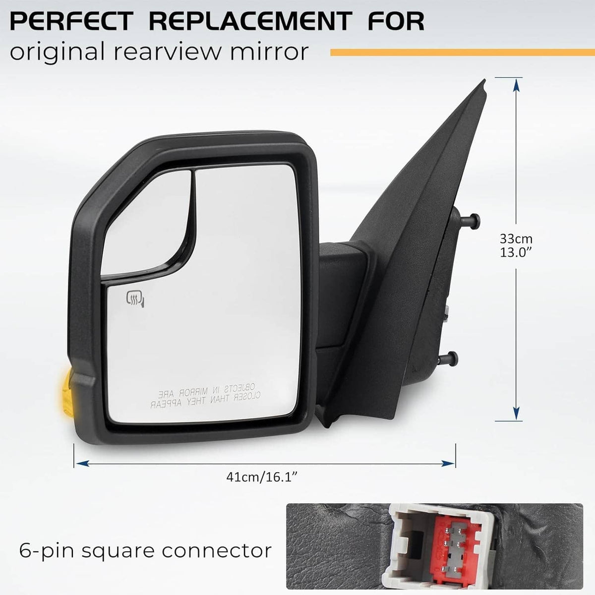 Passenger side rearview mirror with heated glass, black housing, and 6-pin connector