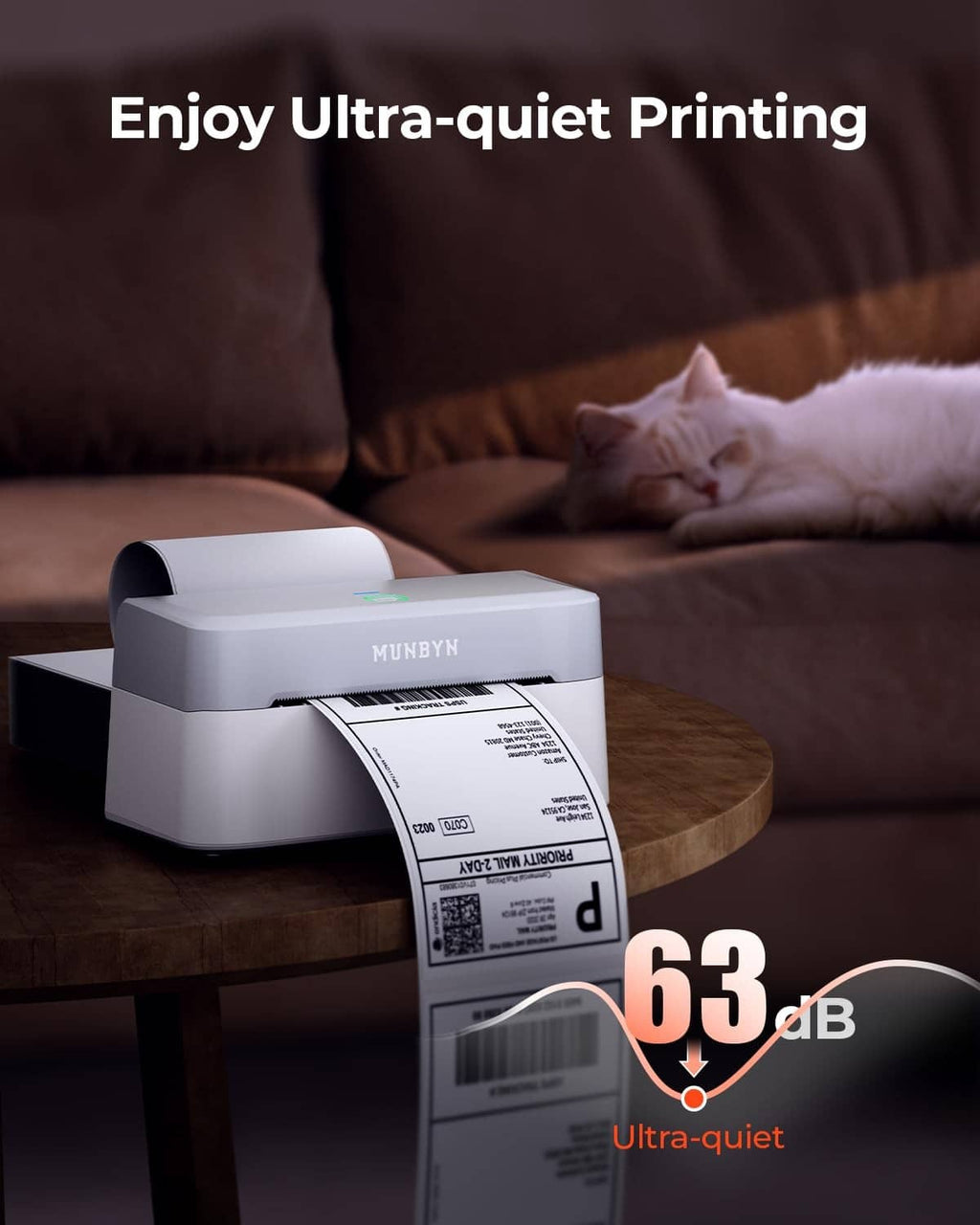 Grey thermal label printer printing a shipping label on a wooden surface