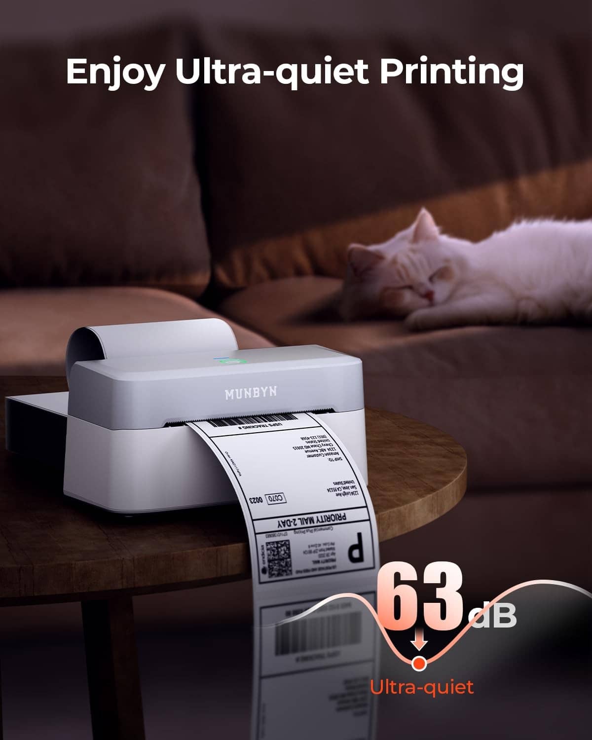 Grey thermal label printer printing a shipping label on a wooden surface
