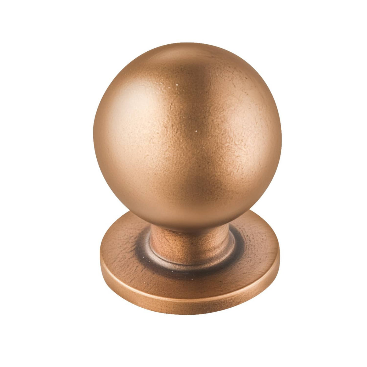 Close-up round cabinet knob with base, antique brass zinc alloy finish