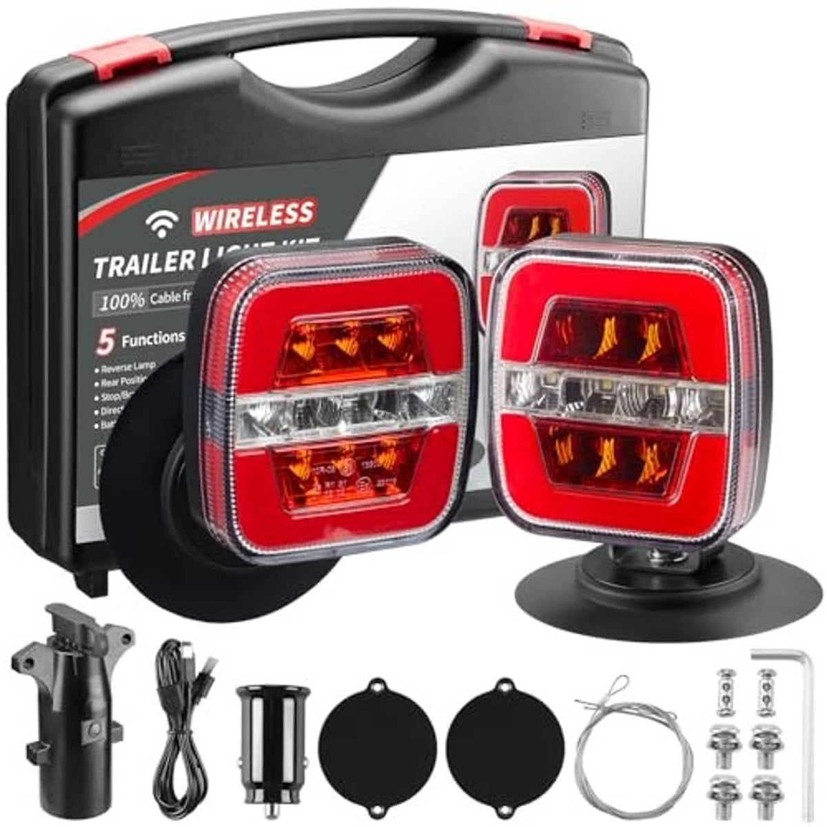 Wireless magnetic trailer light set with two square red LED lamps and mounting bases