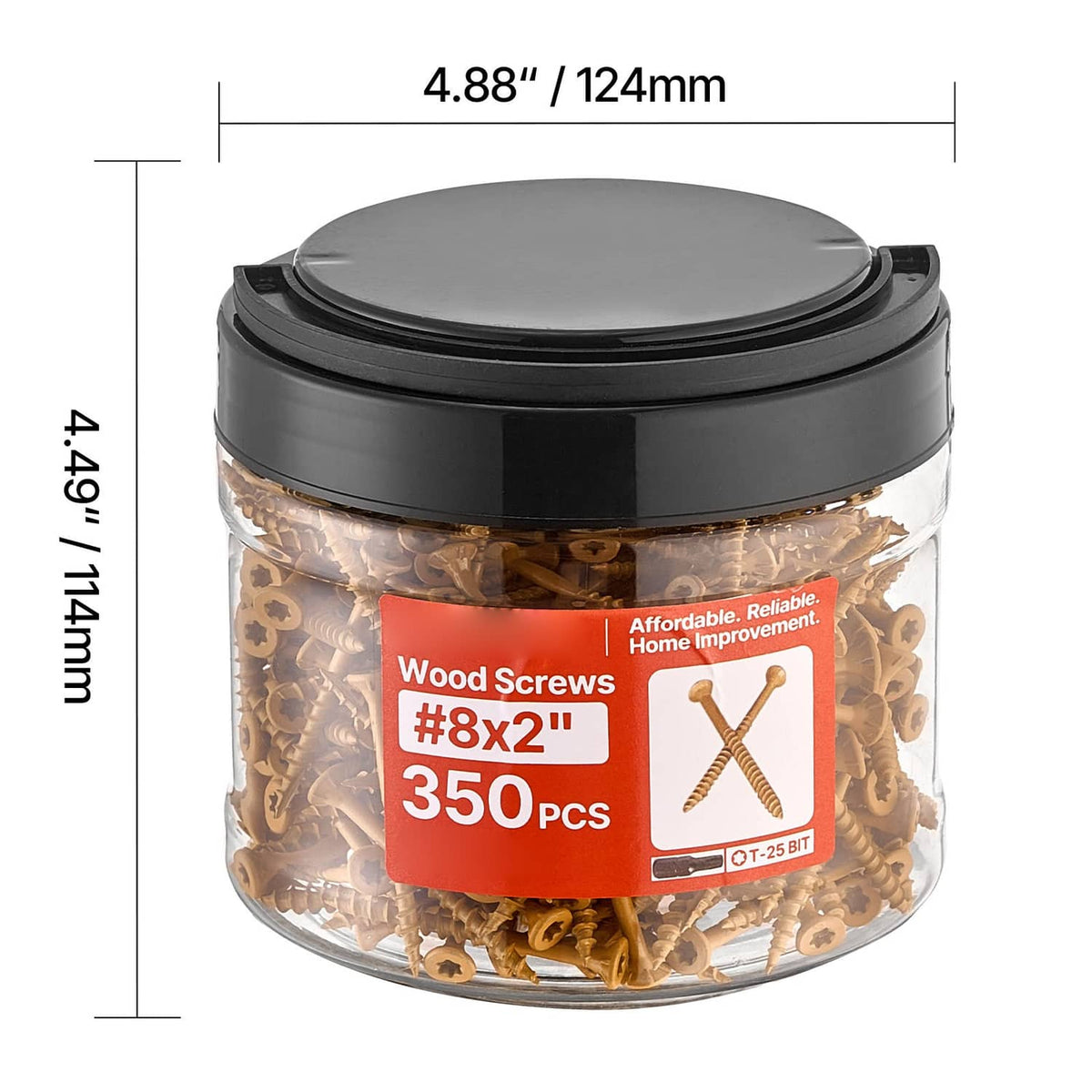 Wood screw jar with gold T25 screws and 350 count, front view with size