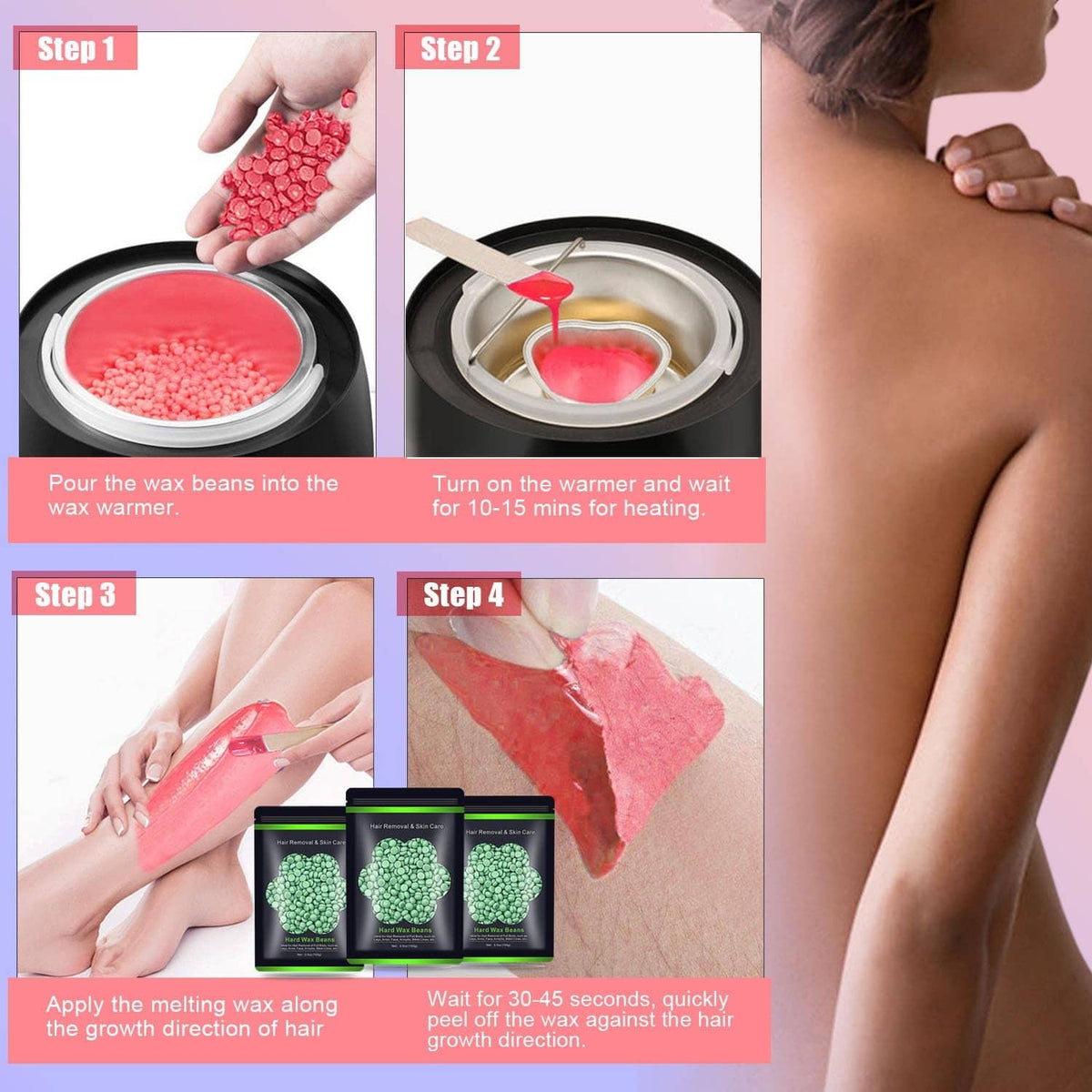 Waxing kit steps with melting hard wax beads and product bags