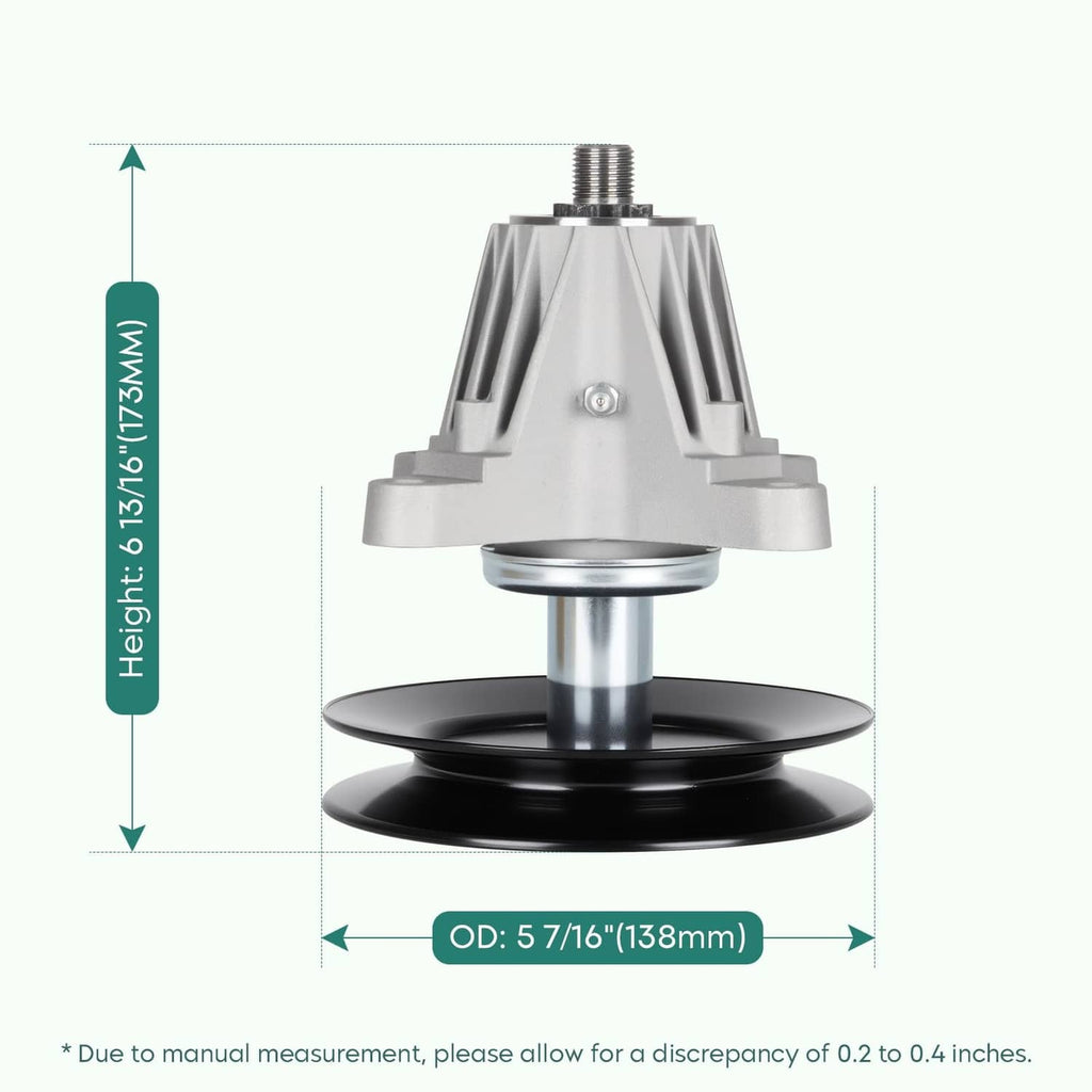 Deck spindle assembly with black pulley and silver shaft; OD 5 7/16 in (138 mm)