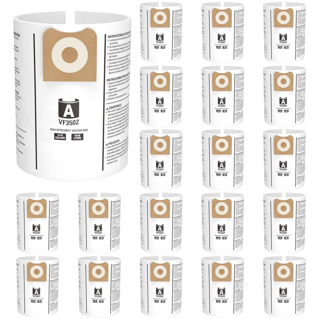 White vacuum cleaner dust bags with tan inlet seal, shown as a 20-pack roll set
