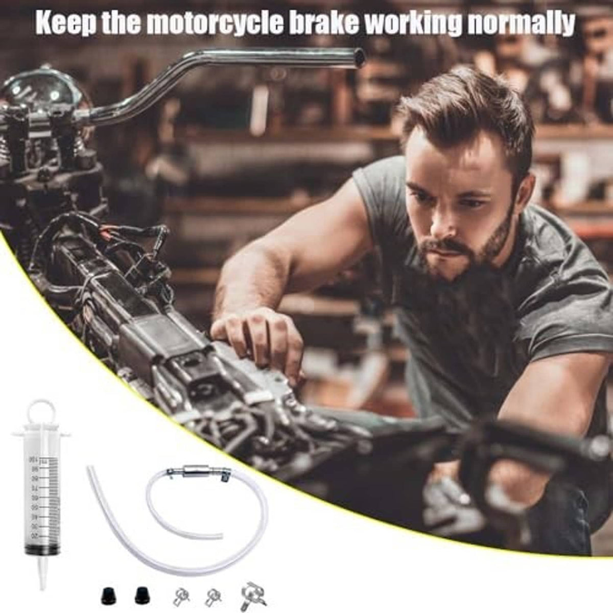 Brake bleeder kit components: two syringes, clear hoses, and metal connectors