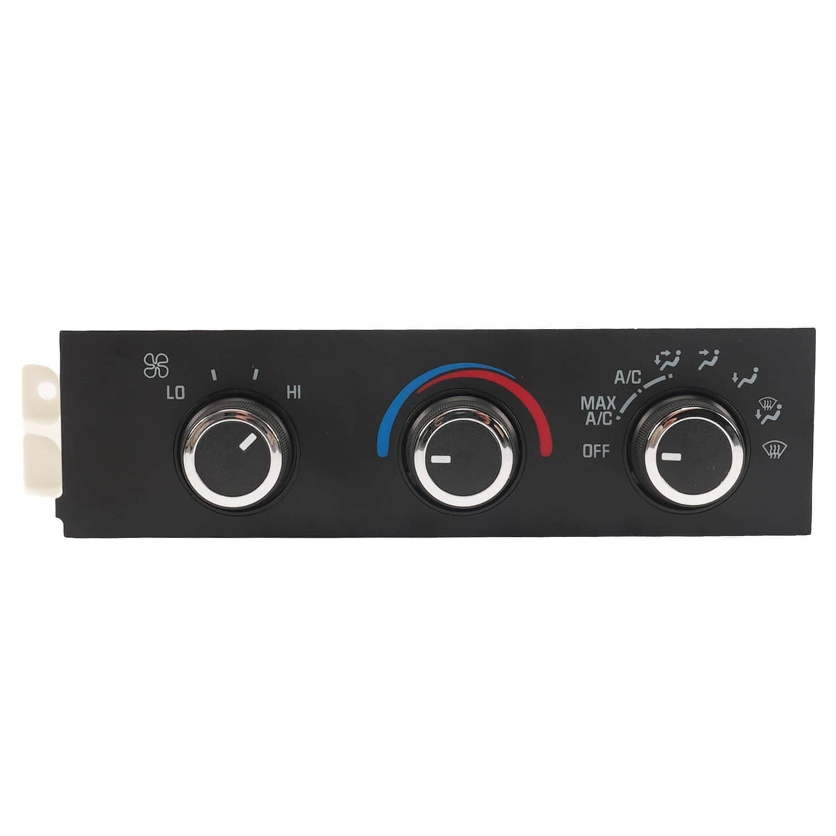 A/C heater climate control panel with three knobs on black face