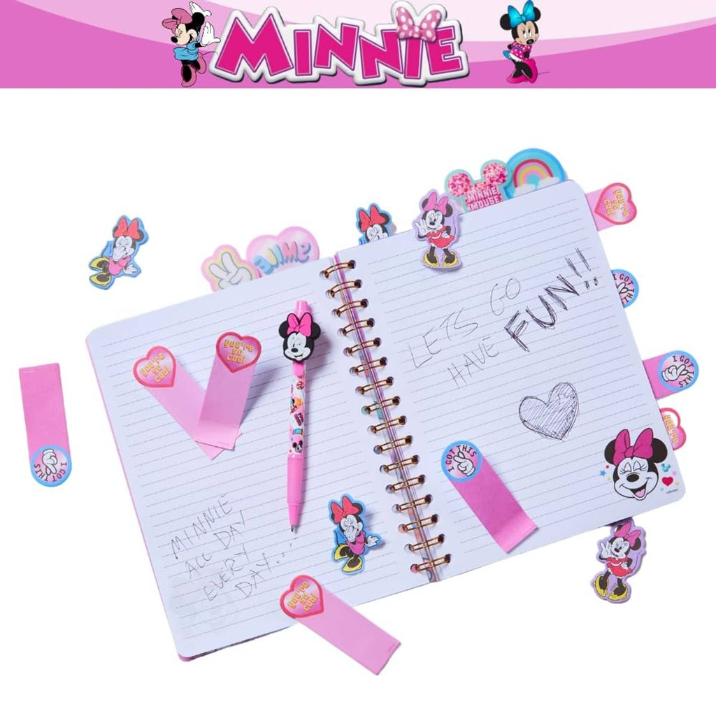 Minnie Mouse spiral tab journal open view with lined pages and pink sticky tabs