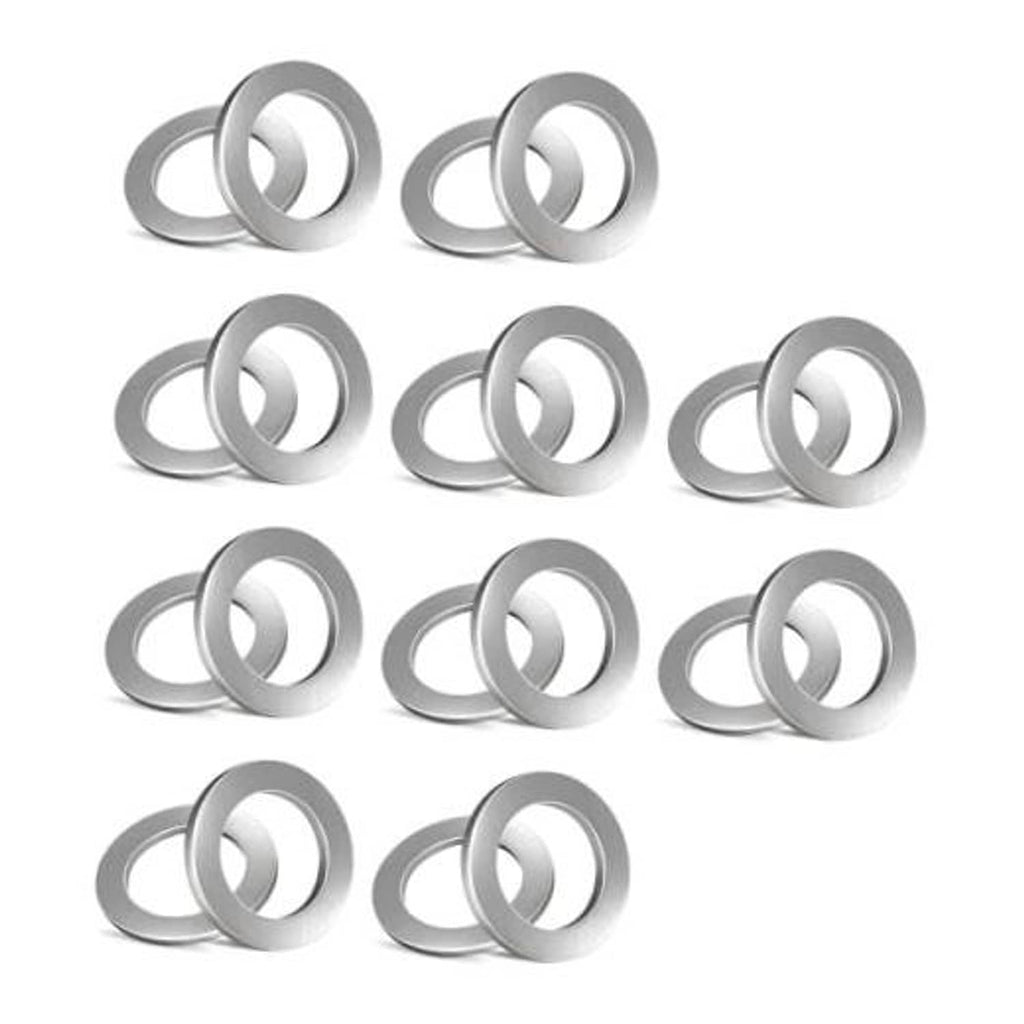 Set of round silver aluminum crush washer gaskets for oil drain plugs, overlapping pairs