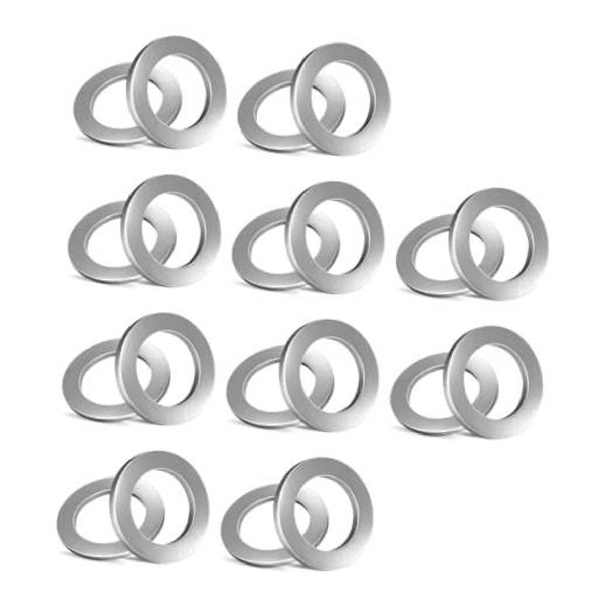 Set of round silver aluminum crush washer gaskets for oil drain plugs, overlapping pairs
