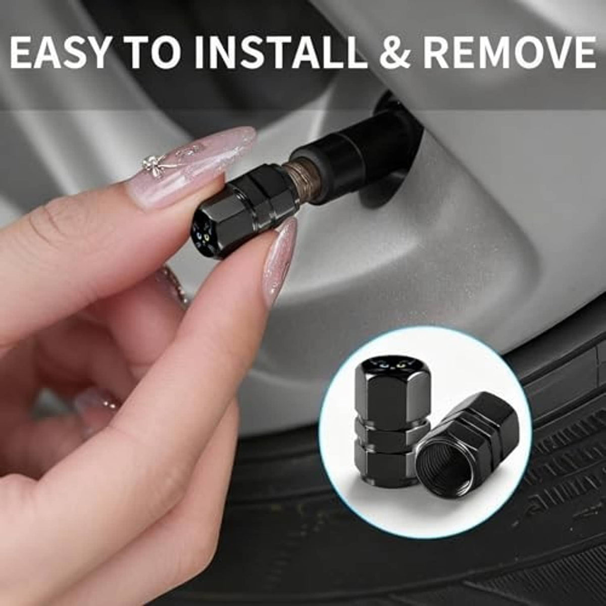 Black tire valve caps shown near a tire valve stem and O-ring connection area