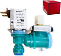 Appliance water inlet valve with turquoise body, white label, and red OEM box