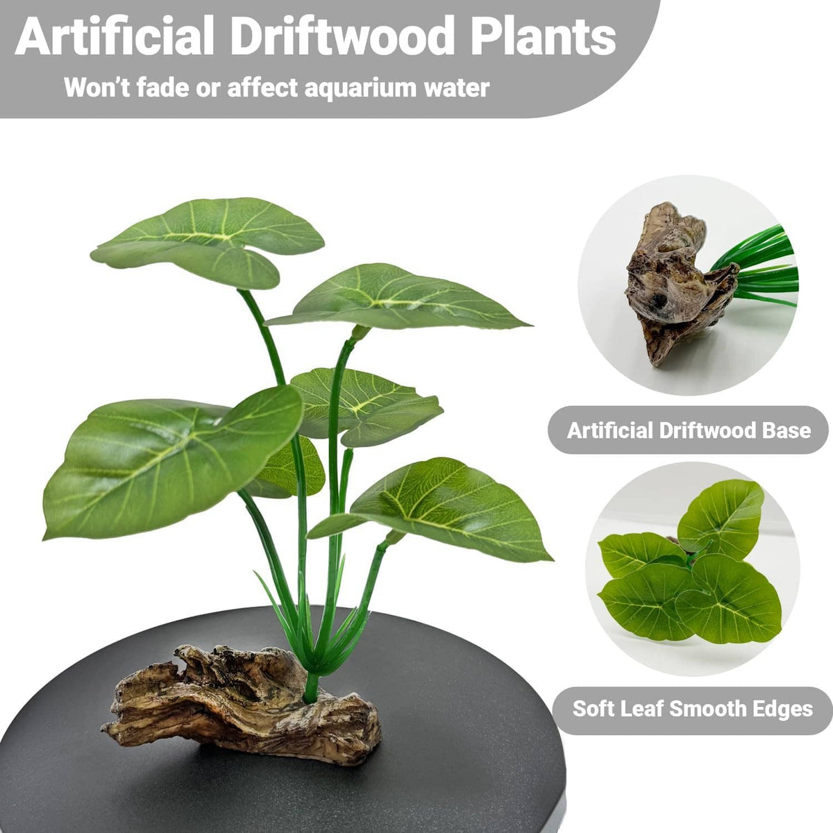 Artificial driftwood base aquarium plants with soft green leaf clusters