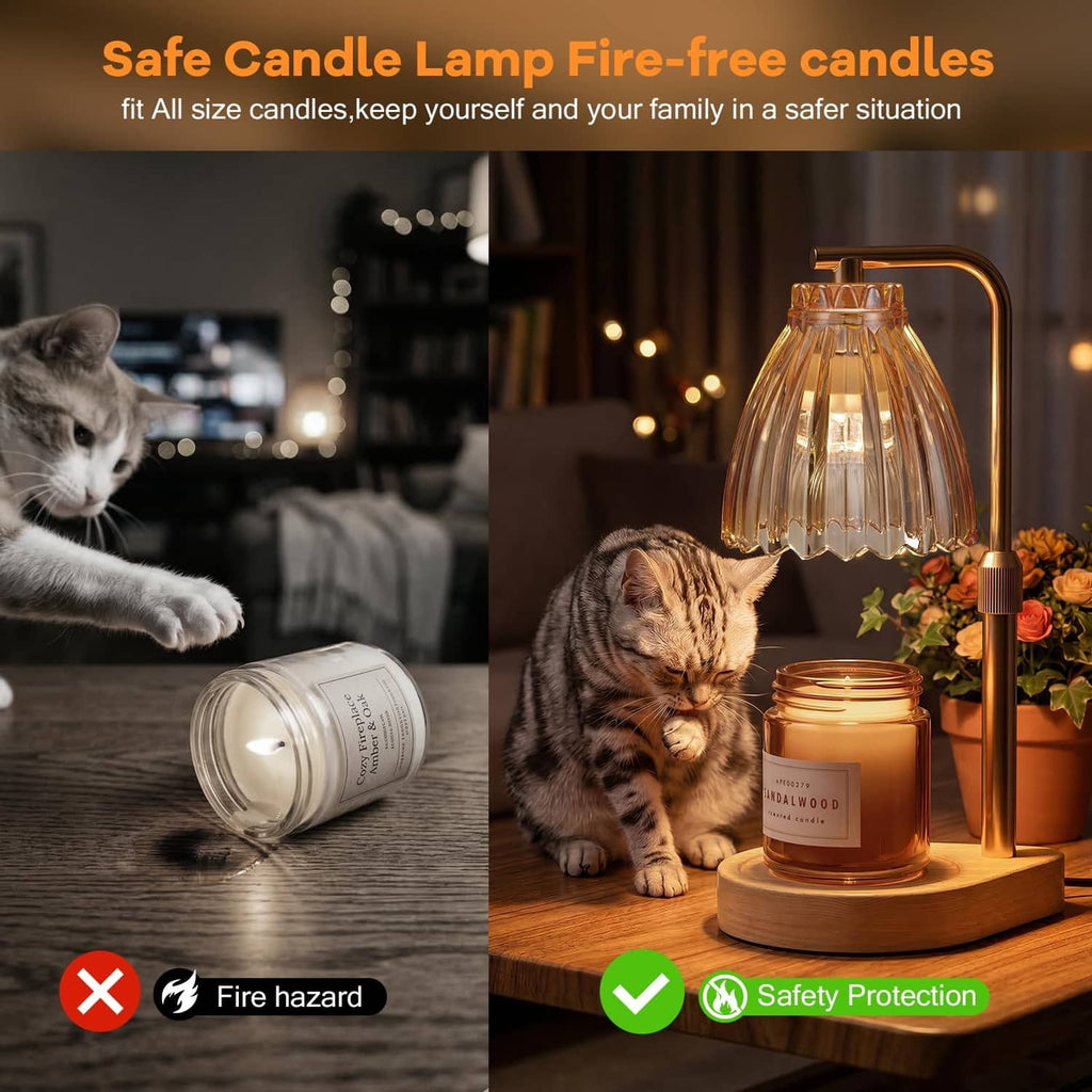 Amber glass candle warmer lamp with ribbed shade and lit jar candle on wooden base