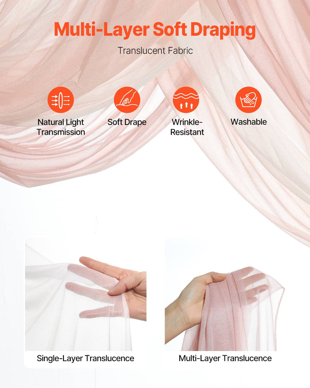 Translucent pink sheer draping fabric with soft gathered swags for wedding arch