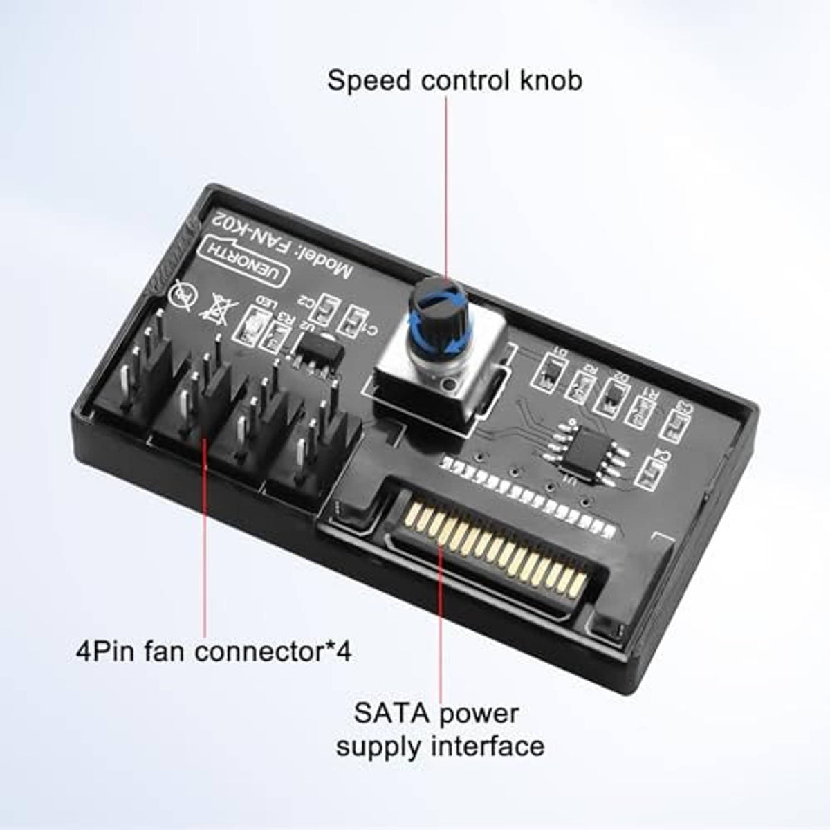 PC fan speed controller hub with speed control knob, 4-pin fan connectors, SATA power input