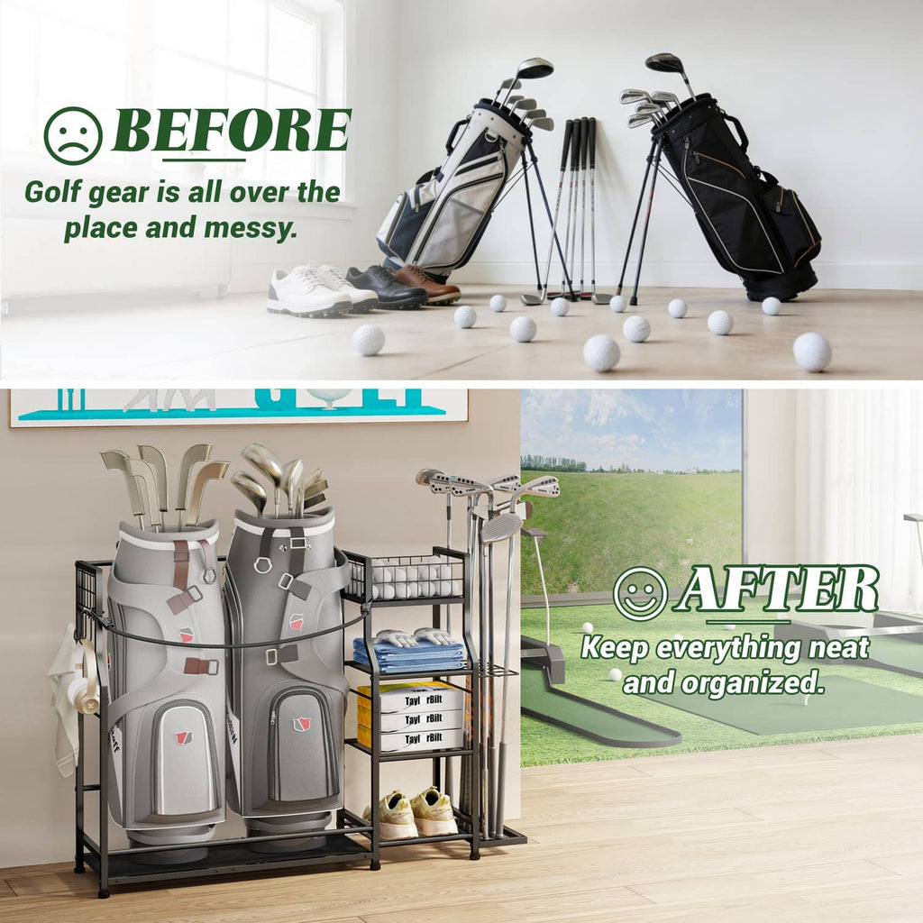 Golf bag storage organizer stand with two golf bags holding clubs and accessories