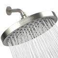 Brushed nickel 8-inch round rain shower head with multiple spray nozzles and water flow