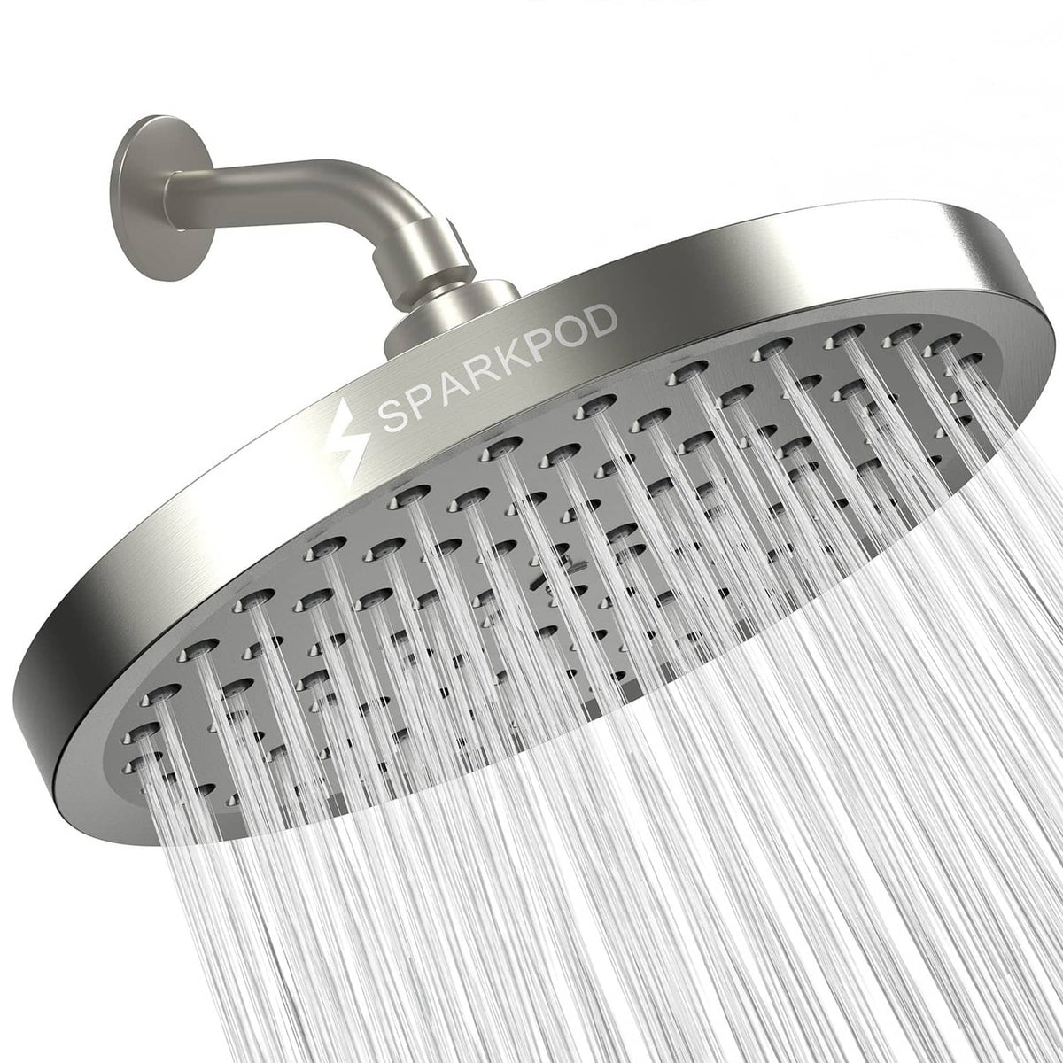 Brushed nickel 8-inch round rain shower head with multiple spray nozzles and water flow