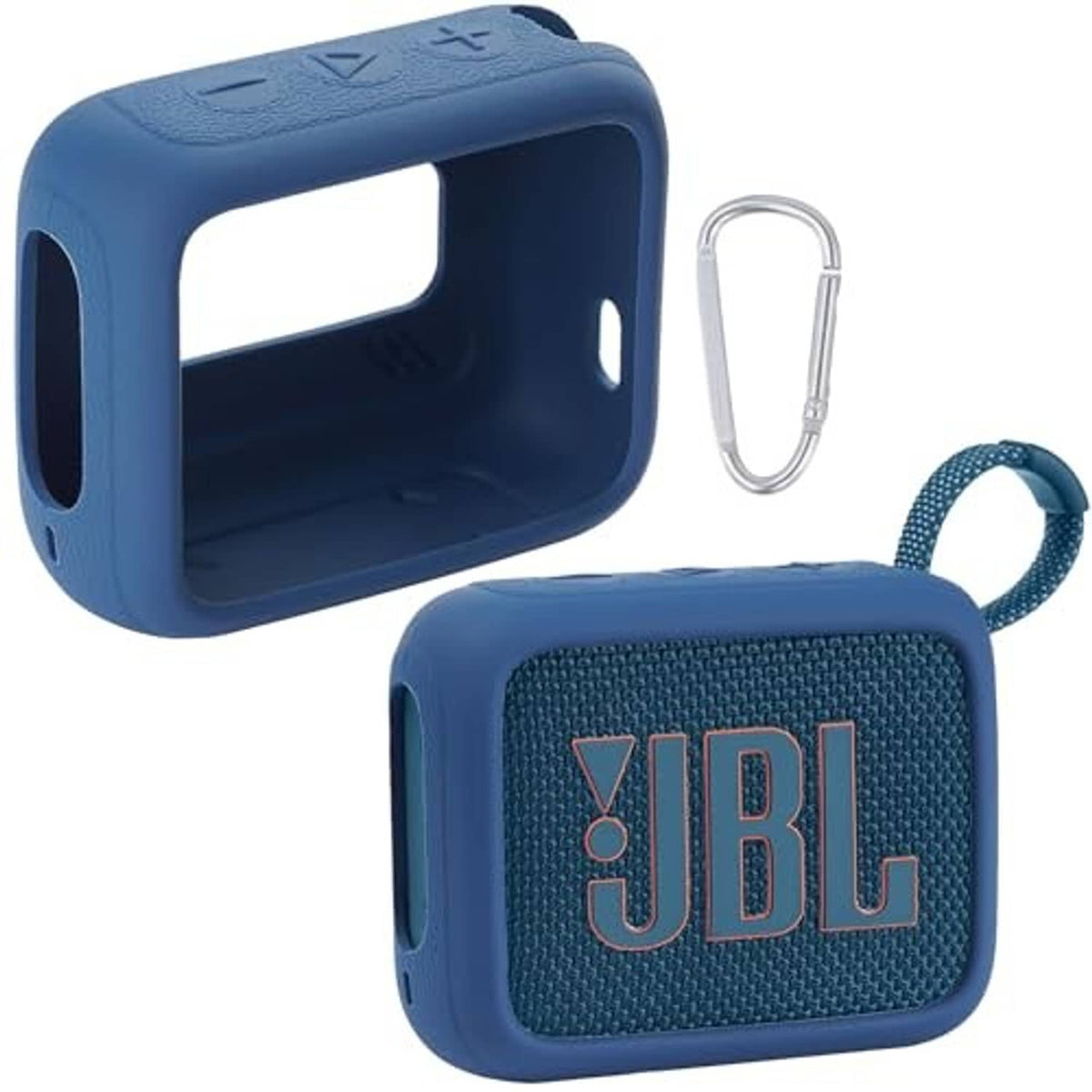 Blue silicone speaker case with JBL logo insert, strap loop, and carabiner clip