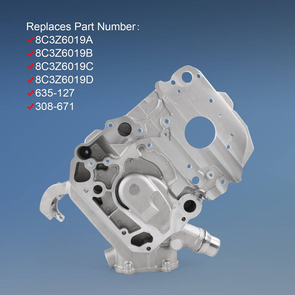 Engine timing cover, silver aluminum underside with bolt holes and oil passage openings