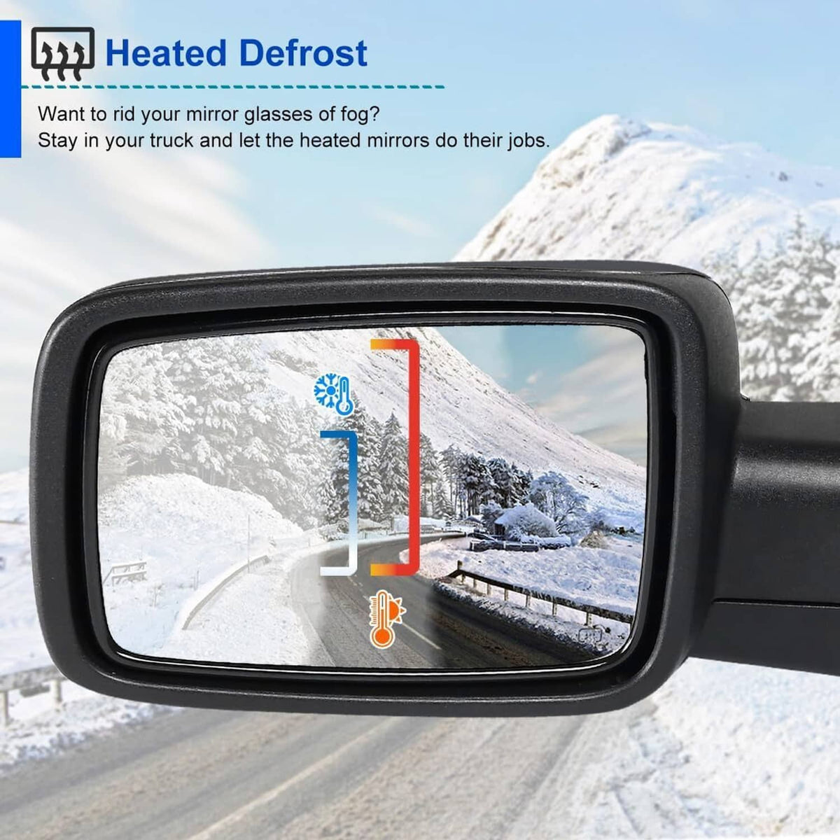 Heated side mirror with de-icing effect on mirror glass and temperature indicator lines