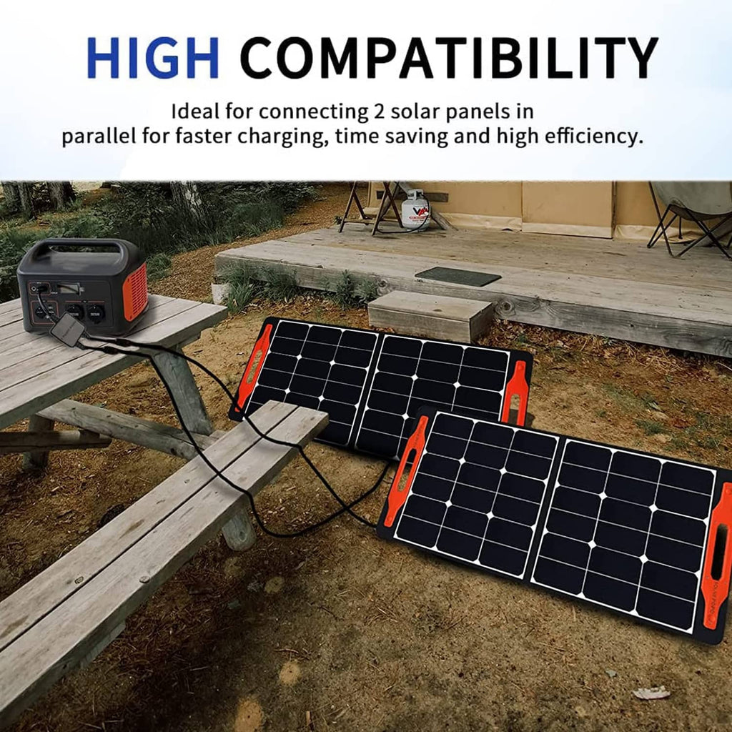 Black Y parallel solar adapter cable connecting two solar panels with red connector ends